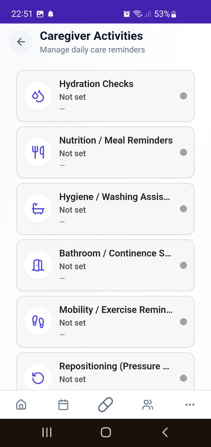 Caregiver Activity Configurator Caregiver Activity Setup